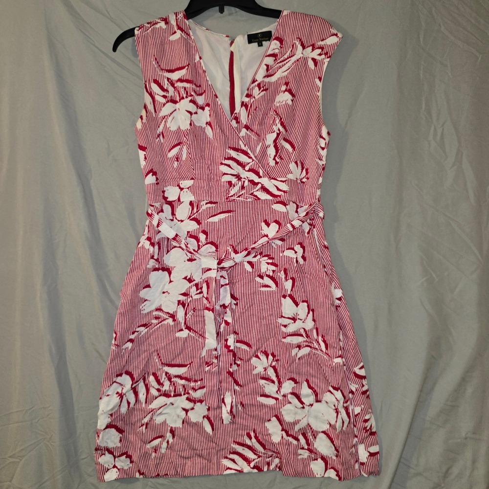 Trent Nathan Dress Size 8 Womens Red White Striped Floral Sleeveless V-Neck Belt